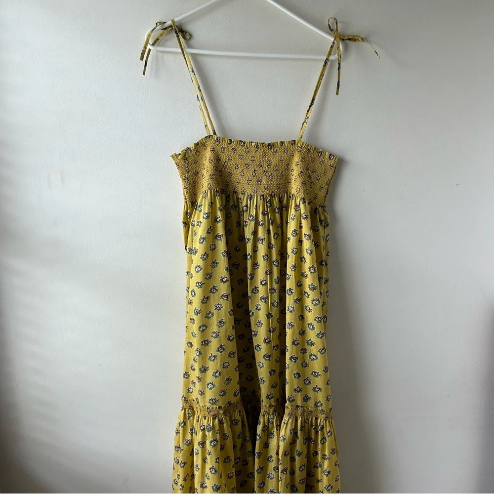 Tory Burch 100% Cotton Smocked Cotton-Voile Skirt Dress Yellow Garden Rose XL
